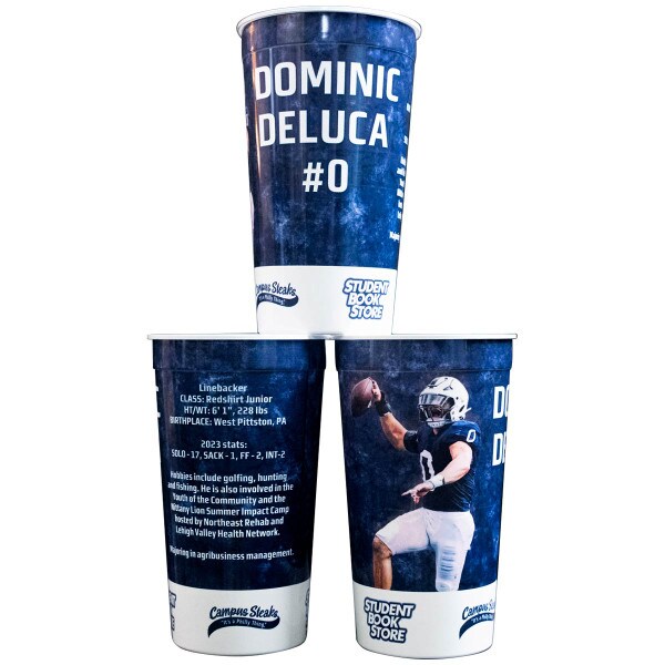 3 views of collectable football player cup Dominic Deluca #0